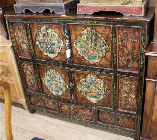 An Chinese painted pine cupboard W.120cm